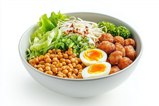 Delicious nan gyi thoke bowl featuring egg, bean fritters, and fresh vegetables served with care on a white background