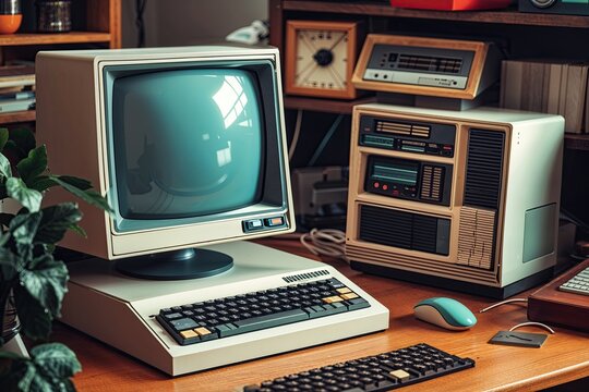 Retro 1980s Computer Setup with Classic Monitor and Keyboard on Desk - Powered by Adobe