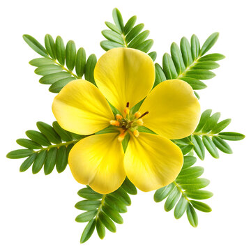 Vibrant Yellow Tribulus Terrestris Flower with Lush Green Foliage Detailed Closeup Studio Shot isolated on a transparent background