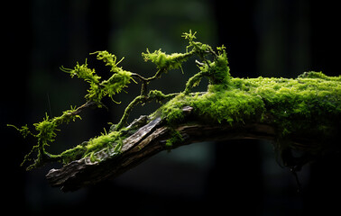 Ancient Branch with Moss: A captivating image of an aged tree branch, adorned with vibrant green moss, set against a subtle, dark backdrop.