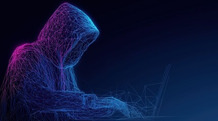 Cybersecurity Hacker Network: A mysterious hacker shrouded in shadow operates a computer. A visual metaphor for cybercrime, network security, and the digital underground, set against a deep gradient.