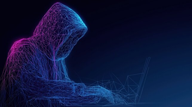 Cybersecurity Hacker Network: A mysterious hacker shrouded in shadow operates a computer. A visual metaphor for cybercrime, network security, and the digital underground, set against a deep gradient.