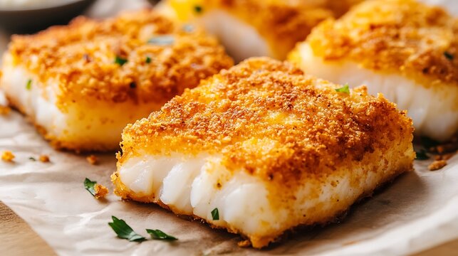 Pieces of fried cod fillet in breadcrumbs