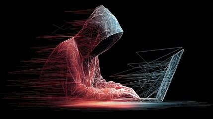 Digital Shadow: A hooded figure intensely focused on a laptop, surrounded by an aura of digital abstraction, a visual metaphor for cybersecurity threats and the clandestine world of technology.