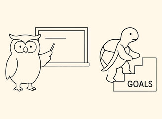 Cute Animal Motivation Owl Teacher and Turtle Reaching Goals Line Art