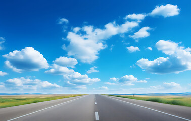 Road to the horizon: An expansive, clear sky filled with fluffy clouds hangs above a straight road disappearing into the horizon. This picturesque view evokes feelings of freedom and travel. 