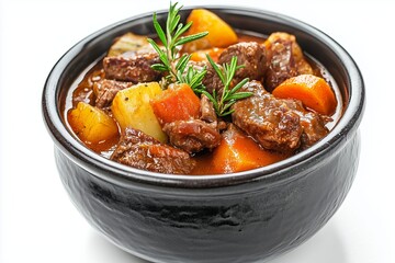 Potjiekos is a traditional slow-cooked meat and vegetable stew served in a pot, showcasing rich flavors and hearty ingredients on a clean white background