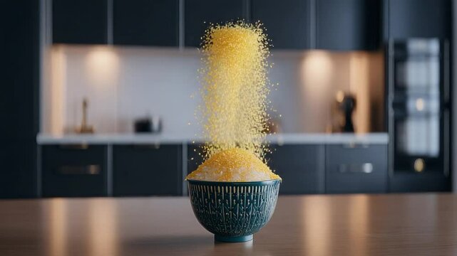 Dynamic grain particles rising from bowl in a kitchen, showcasing food transformation