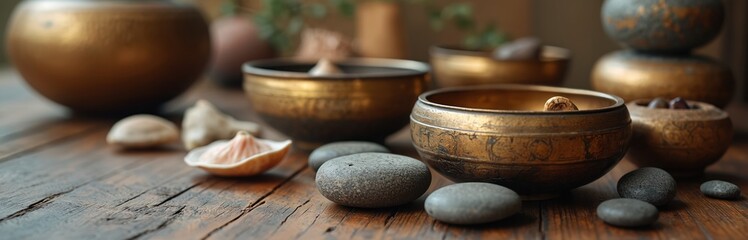 Close-up shot of abstract cultural sound bath instruments. Bronze bowls with stones, shells on wood table. Therapy tools for meditation, relaxation, spiritual practice. Peaceful calm atmosphere.