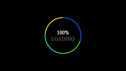 Colorful Loading Circle with 100 Percent Completion on a Black Background circular loading indicator displays