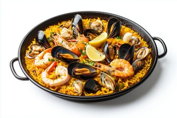 Delicious seafood paella featuring shrimp, mussels, clams, and squid served on saffron rice with fresh lemon slices
