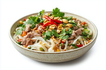 Delicious Shan noodle salad featuring flat rice noodles, meat, fresh herbs, and crunchy peanuts served in a bowl on a white background