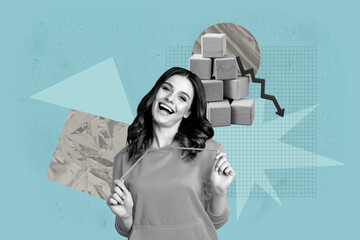 Exclusive creative collage of happy inexperienced businessman businesswoman stand wooden cube arrow...