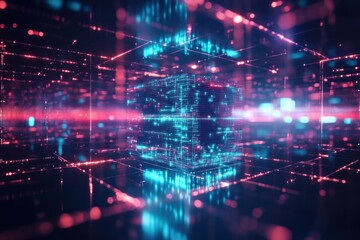 Obraz premium Abstract digital cube rotating, data grids and glowing edges