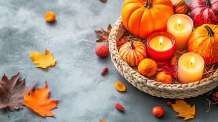 Autumn Harvest Still Life: Candles and vibrant pumpkins, set against the moody backdrop, and strewn leaves, infuse warmth into the Autumn season.