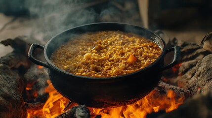 Pilaf cooked in a cauldron over a fire