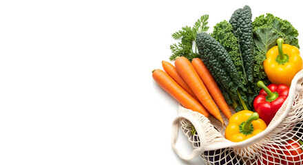 Reusable Mesh Grocery Bag with Fresh Vegetables on White Background, Carrots, Kale, Bell Peppers in Bottom-Right Composition with Copy Space, Perfect for Sustainability, Nutrition, or Grocery Branding