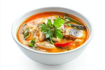 Talabaw soup with Karen bamboo shoot and fish served in a bowl against a white background showcasing vibrant colors and rich ingredients