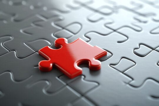 3D rendered puzzle with one piece elevated above the rest, missing piece concept