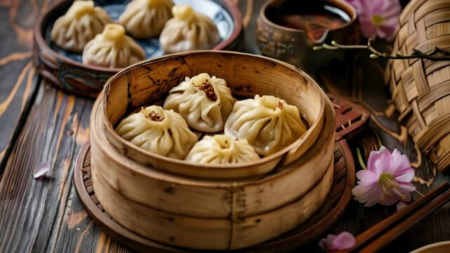 A steaming basket of Mongolian buuz, savory steamed dumplings filled with meat, traditionally enjoyed during Tsagaan Sar.