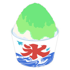 漢字で「氷」と書かれたカップに入った、メロンシロップがかかったかき氷のイラスト  線無し カラー