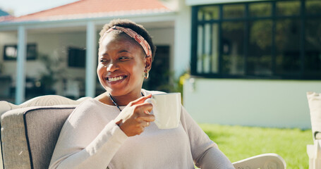 Coffee, thinking and black woman in backyard in morning with memory, reflection or nostalgia at house. Happy, ideas and African female person with cappuccino for peace, calm or relax in home garden.