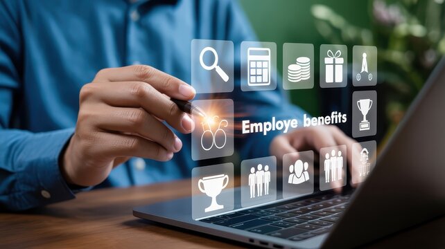 Person interacting with a digital display showing employee benefits.