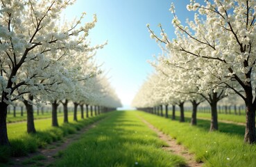 Obraz premium Springtime orchard rows with blossoming white trees. Fruit trees farm at the beginning of the bloom season. Scenic rural landscape with green grass and blue sky. Agricultural background.