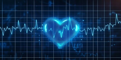 Emergency EKG monitoring. Blue glowing neon heart pulse. Heartbeat. Electrocardiogram. Abstract heartbeat signal icon animation grid background. Health and Medical concept