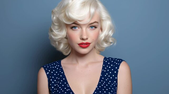 Portrait of a beautiful woman with platinum blonde retro hair and red lips. Classic hollywood star glamour and vintage fashion concept. Use for a retro party, a makeup tutorial, or a classic style