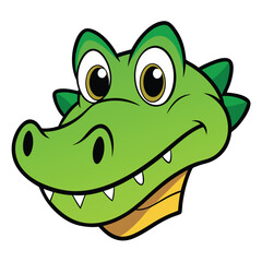 A cartoon green crocodile smiles with yellow eyes and a playful expression
