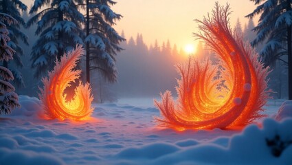 Enchanting winter sunrise with glowing frost sculptures