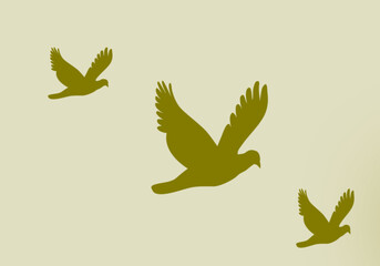 Three golden yellow flying dove silhouettes vector illustration isolated graphic