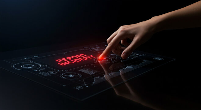 Hand reporting incident on futuristic tablet - Powered by Adobe