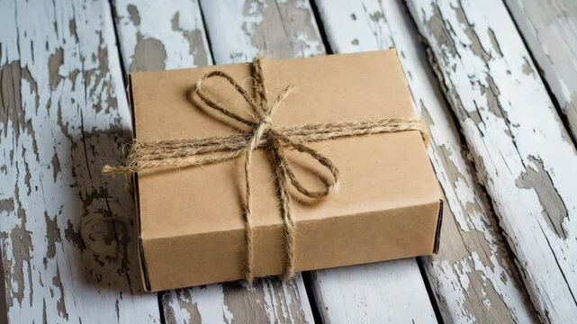 Cardboard box with jute twine on wooden surface.
