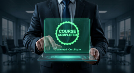 Businessman downloading course completion certificate