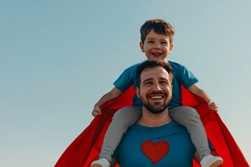 Happy father and son playing superheroes outdoors child on dad's shoulders red cape joyful expression