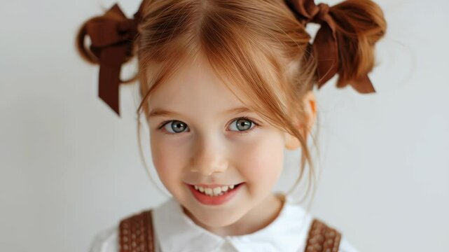Portrait of a cute little girl with red hair in pigtails and a charming smile. Childhood innocence and kids fashion concept. Use for a children's clothing store, a family service