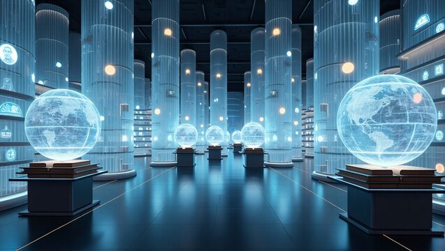 Futuristic digital archive global data center holographic globes