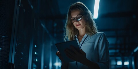 Focused female IT professional uses tablet in server room late at night, showcasing technology and data management expertise.