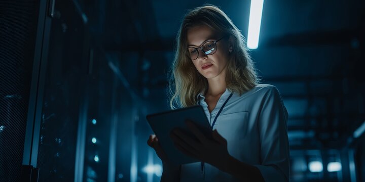 Focused female IT professional uses tablet in server room late at night, showcasing technology and data management expertise.