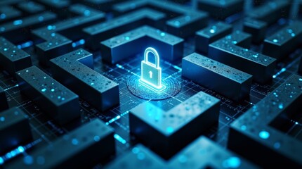 Cybersecurity concept with glowing lock at center of digital maze, futuristic data protection background