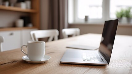 Cozy workspace featuring a laptop and coffee mug on a wooden table near a bright window