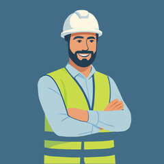 Portrait of a professional construction engineer or architect, production supervisor in  Safety Vest and Helmet