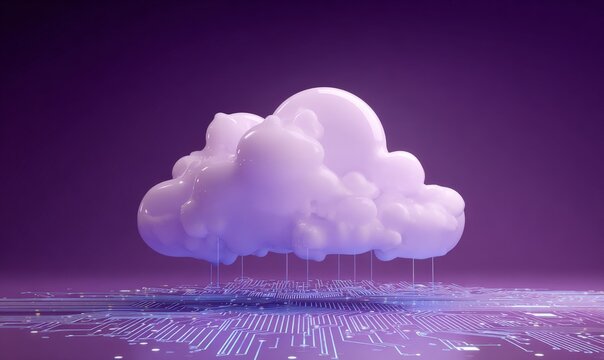 A digital representation of a cloud in a purple color, with circuit patterns extending from it on a purple background. Cloud computing concept