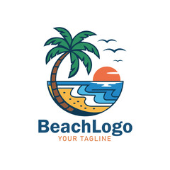 Beach Logo with Palm Tree, Sunset, and Ocean Waves	
