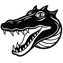 Monochrome illustration shows an alligator head with an open mouth displaying sharp teeth in profile