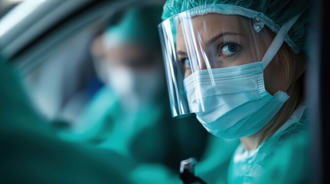 A tense moment in healthcare captured as medical professionals wearing protective gear await critical instructions, showcasing their commitment and focus in challenging situations.
