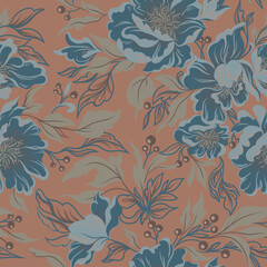 Blue flower seamless pattern on neutral mocco background in vintage style. Elegant floral design with hand drawn rose and leaf. Ideal for wallpaper or textile fabric and romantic decorative concept.