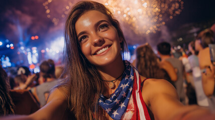 Young woman with US Flag scarf taking selfie in a party
